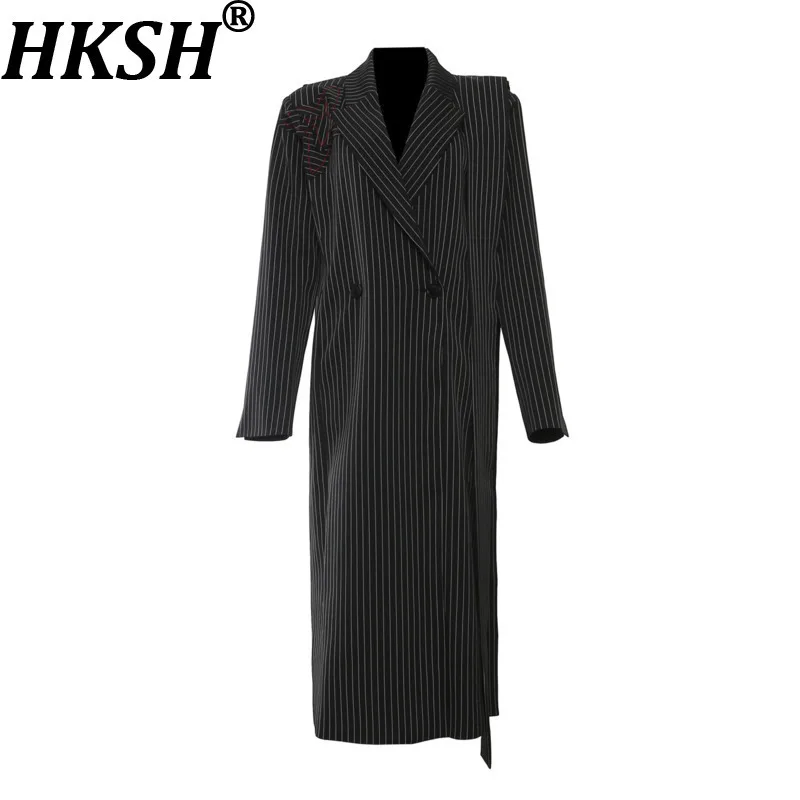 

HKSH Autumn New Women Trench Coat Striped Patchwork Ribbon Embroidery Double Breasted Long Blazer Streetwear Windbreaker HK10659
