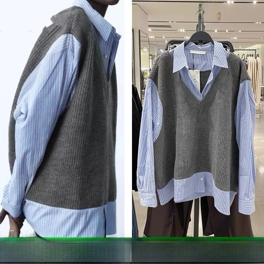 

Autumn Winter Loose Knitted Vest Shirt Casual Design Sense Fake Two-Piece Women's Fashion Straight Cut Long Sleeve Collar