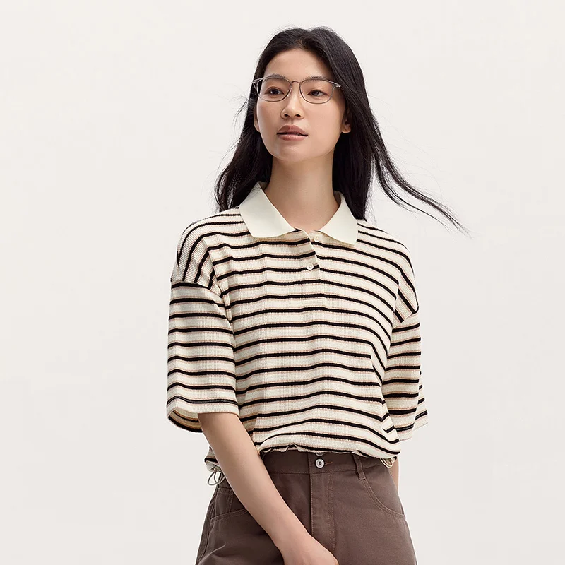 Semir Polo Shirt Women Short-Length Loose-Fit 2024 Summer New Fashionable Vintage Collegiate Style Textured Striped Top