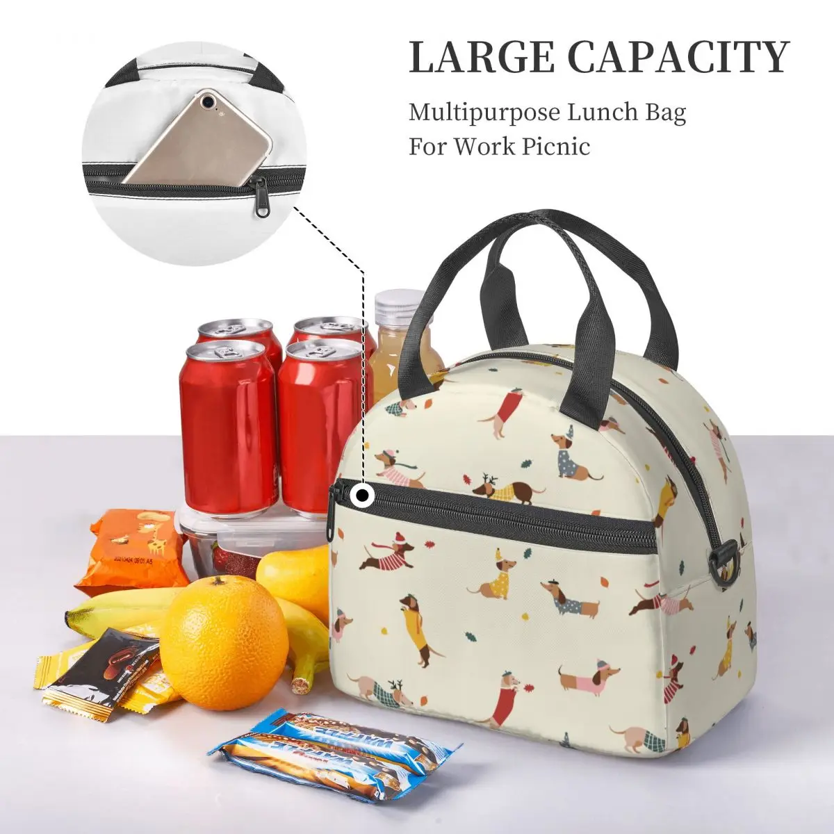 Autumn Dachshunds Product Insulated Lunch Bags With Adjustable Shoulder Strap Autumn Leaves And Dog Cooler Thermal Lunch Box