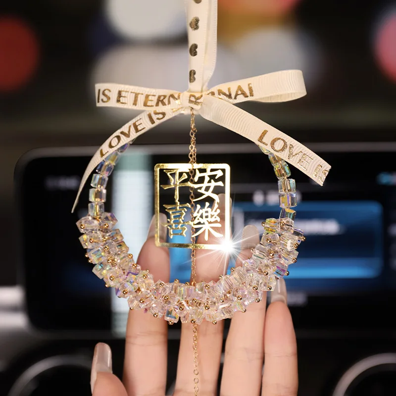 Double Sided Rhinestone Rearview Mirror Car Pendant Peace Joy Ornaments Car Decoration Accessories Interior for Women 29x5.5cm