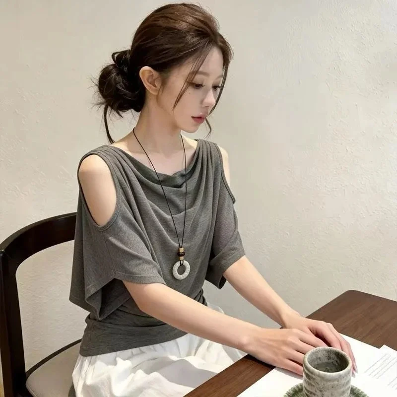 Korean Style Women Draped Neck Cold Shoulder Short Sleeve T Shirt Summer Loose Commuter Casual Slim Fit Top