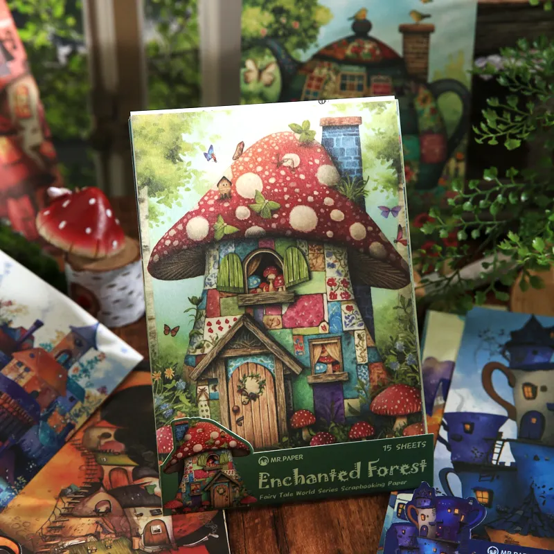 15sheets/bag Enchanted Forest Mushroom House Scrapbook Paper Vintage Fairy Tale Paper For Journal Scrapbooking DIY Decor