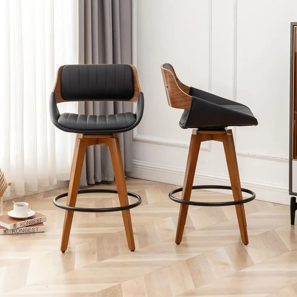 

Modern Black Leather Swivel Bar Stools Set of 2, 29.5-Inch High Kitchen Island Wooden Chairs with Wood Backrest and Legs