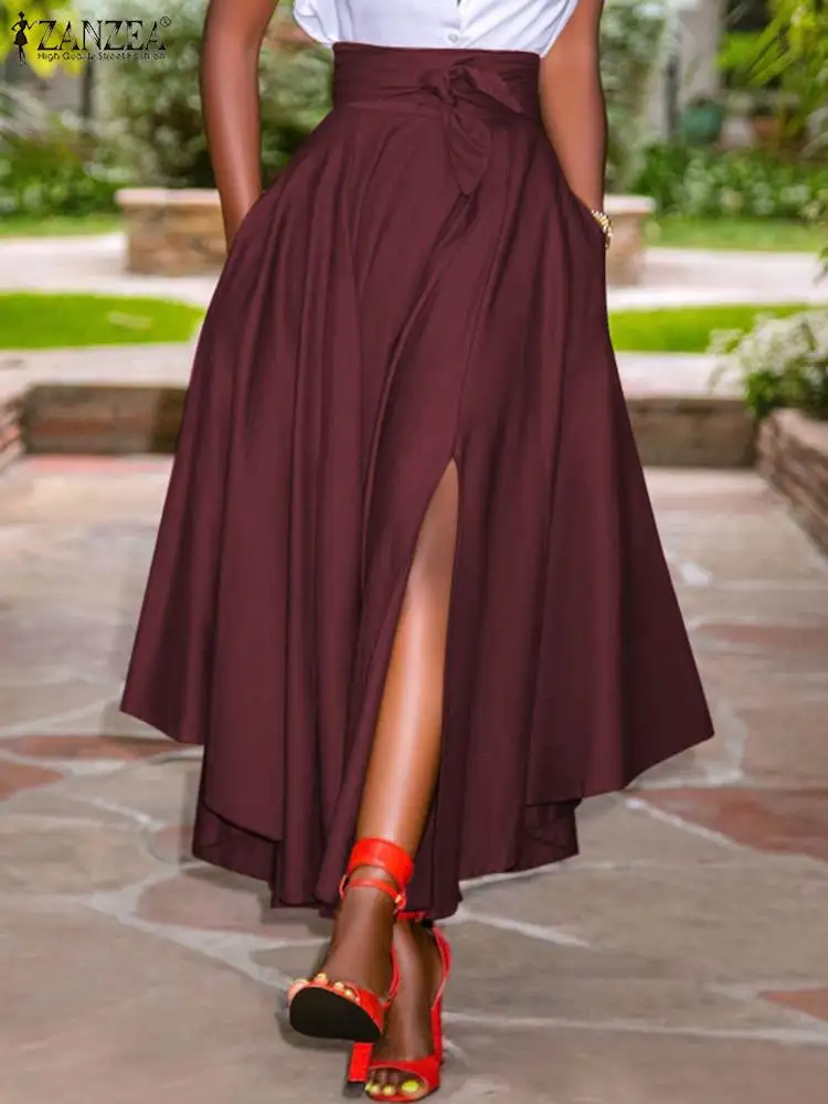 ZANZEA 2023 Summer Women Party Split Sundress Stylish Irregular Skirts High Waist Maxi Vestidos Solid Robe Saia Holiday Faldas