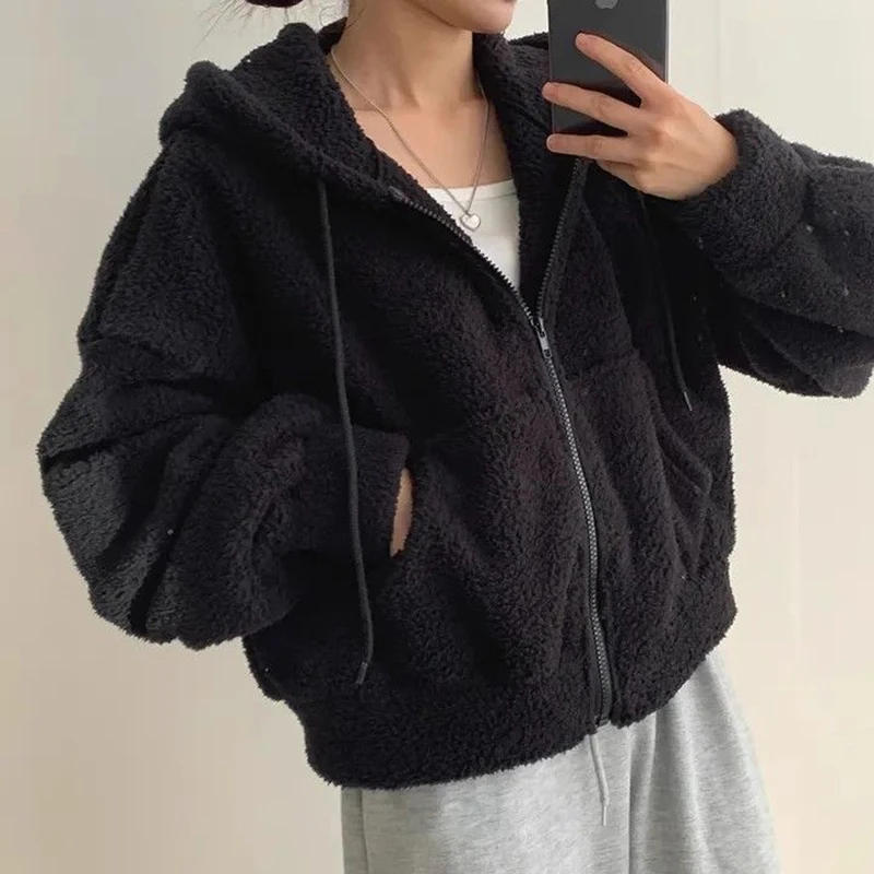 Rimocy Solid Color Cropped Teddy Jacket Women Autumn Winter Warm Hooded Fleece Coats Woman Zip Up Long Sleeve Casual Jackets