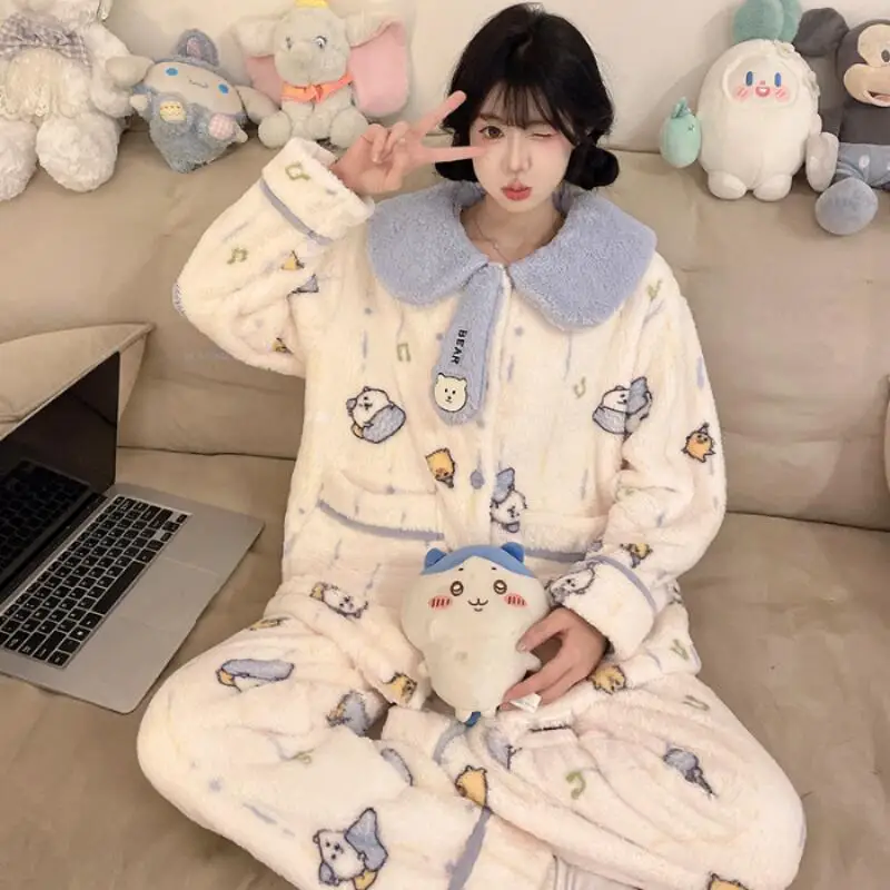 

Anime Cute Chiikawa Women Pajama Cartoon Kawaii Flannel Thick Warm Cotton Sleepwear 2Pcs Girls Pajama Sets Winter Warm Sleepwear
