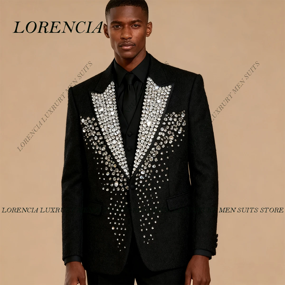 

Customized Luxury Metal Embellished Beadeds Men Suits Peaked Lapel Groom Tuxedos 2 Pieces Sets Party Prom Blazer Costume Homme