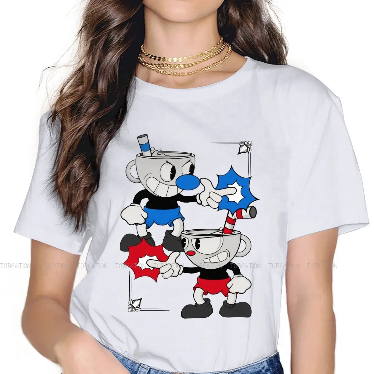 Blue and Red Design Women's TShirt Cuphead Mugman Game Crewneck Girls Short Sleeve 5XL Lady T Shirt Humor Fashion Gift