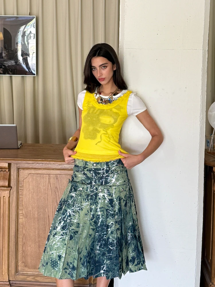 

Cappow Tie-Dye Silver fiti Pleated f-Length Detachable Length Denim Skirt Multiple Wearings Stand Fit Commute Sle