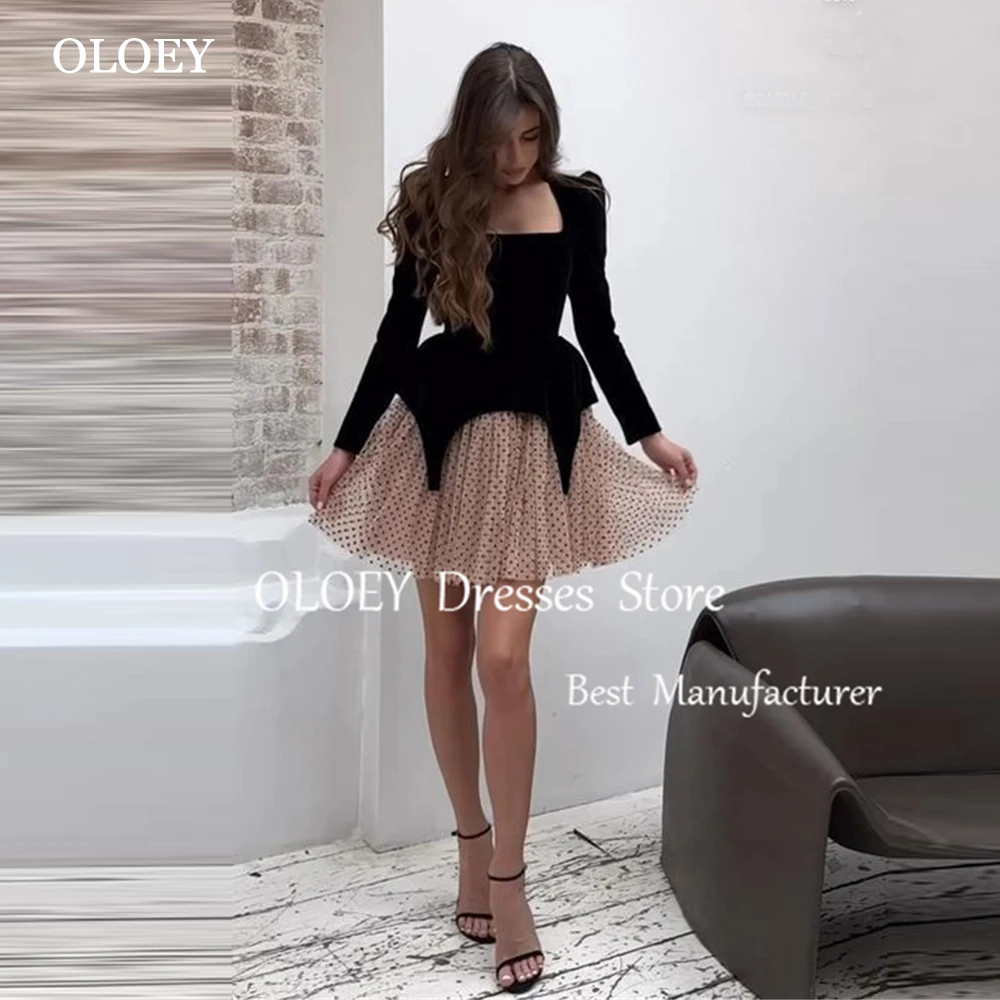 OLOEY Black Dots A Line Mini Prom Cocktail Dress Square Collar Pleats Velour Wedding Party Dress Full Sleeves Customized Prom