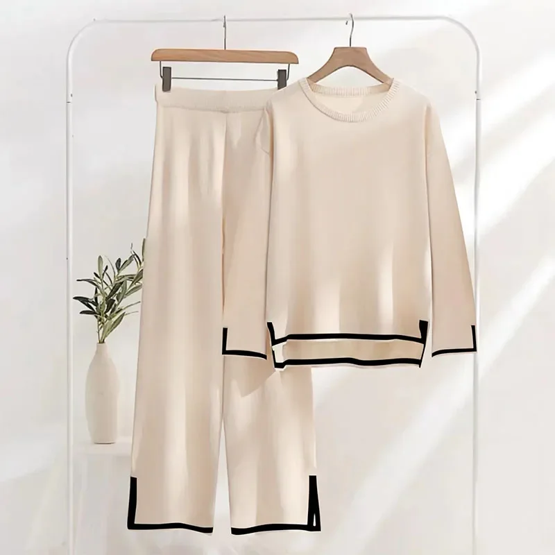 Women Knitted 2 Pieces Sets Long Sleeve Pullover Tops+Elastic Waist Wide Leg Pants Side Slit Spring Autumn Lady Elegant Outfits