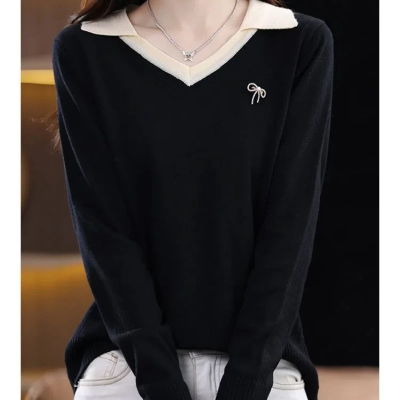 Women's Clothing Contrast Color Pullover Long Sleeve Peter Pan Collar Sweater Knitted Rivet Elegant Autumn Winter Korean Tops