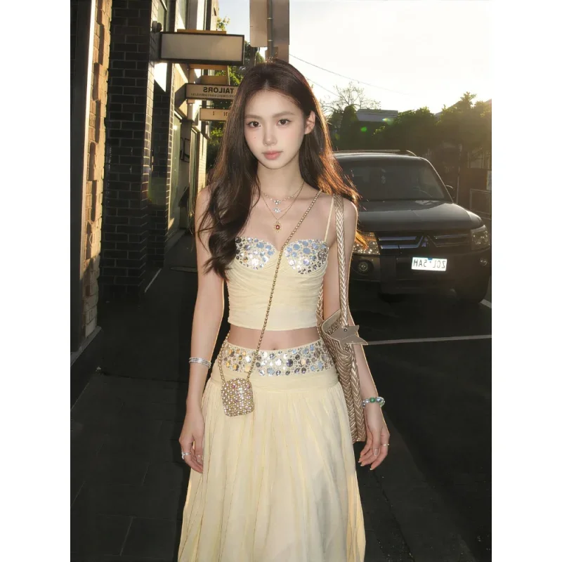 IMU Elegant Yellow Sequin Splice Skirt Set Women Chic Irregular Pleated Spaghetti Strap Sling Suit Holiday Beach Party Wear