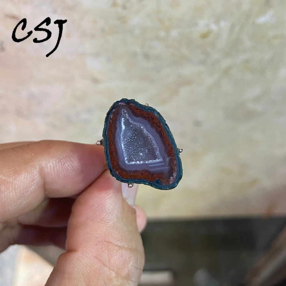 

Trendy Natural Geode Agate Point Rings Sterling 925 Silver Crystal Geode Gemstone for Women Man Birthday Party Jewelry Gift