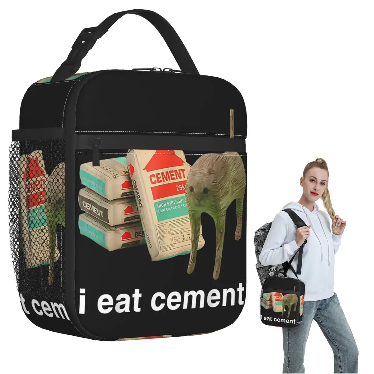 I Eat Cement Funny Cat Meme Insulated Lunch Bag for Women Kids Portable Food Boxes Thermal Lunch Box Tote