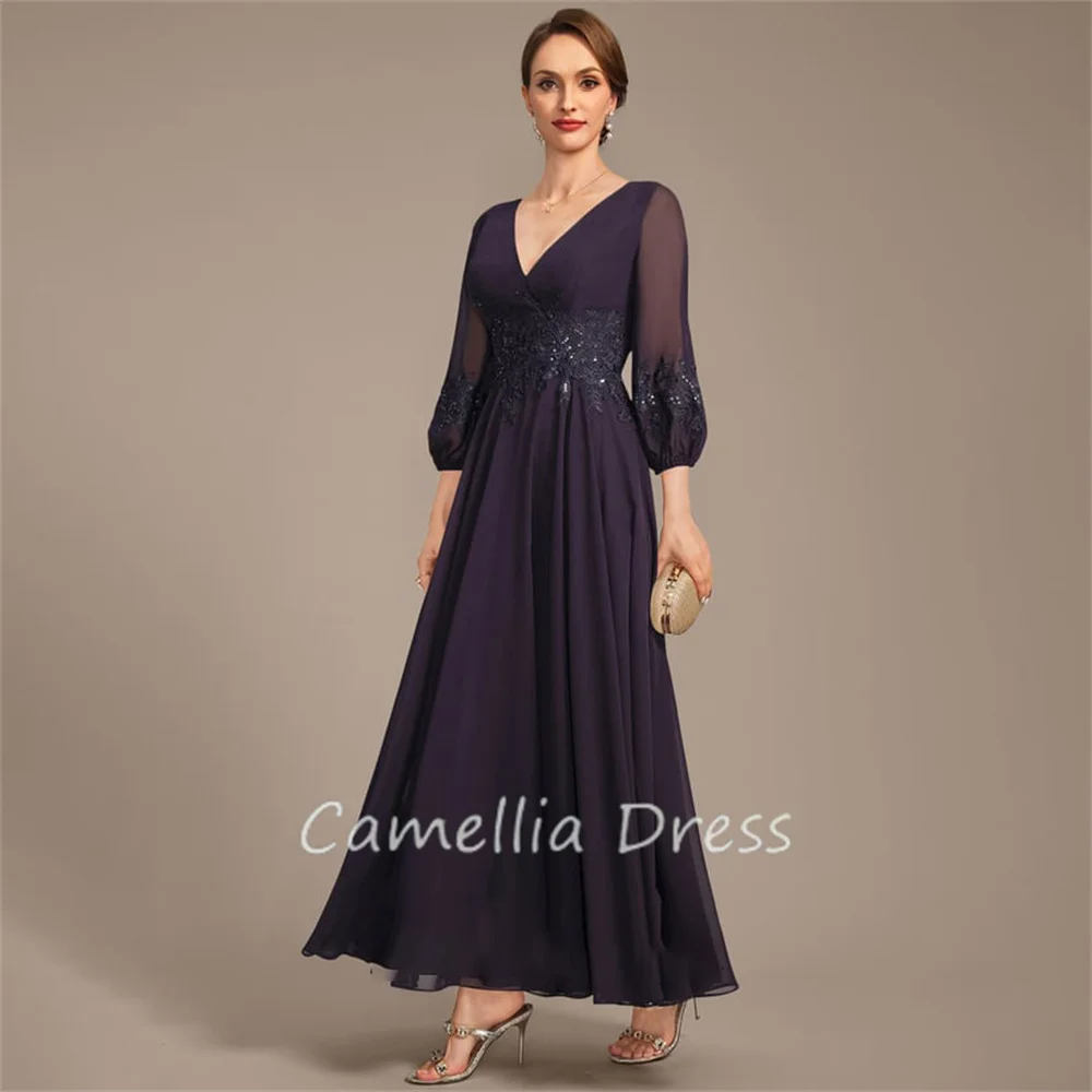 Nuovo abito madre della sposa con scollo a v a-line paillettes di pizzo Chiffon alla caviglia abiti Da cerimonia Vestidos Mae Da Noiva Casamentos