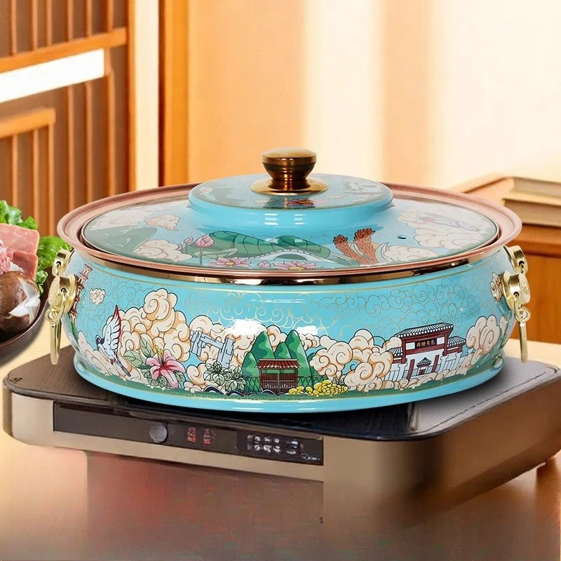 

30/34cm Cloisonne Induction Cooker Copper Hot Pots, Thickened Purple Copper Pot, Chafing Dish,Commercial Restaurant Meat Hotpots