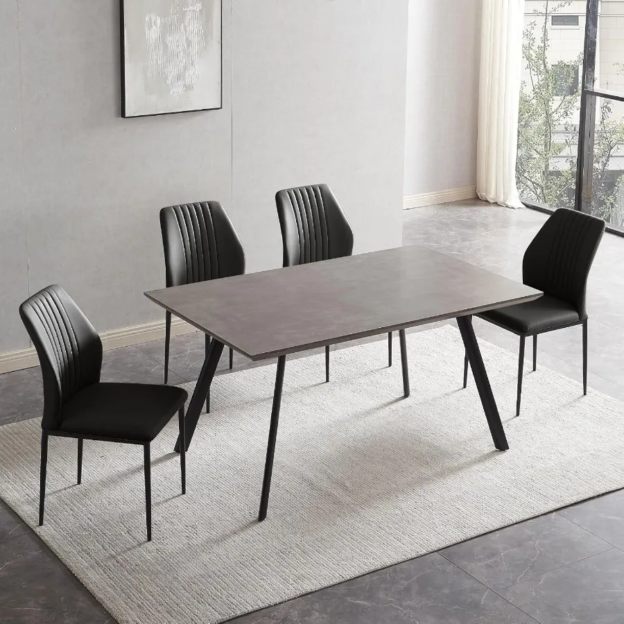 46.5 Modern 5Piece Kitchen Table Set Rectangular Wood Dining Table with 4 Upholstered Leather Chairs