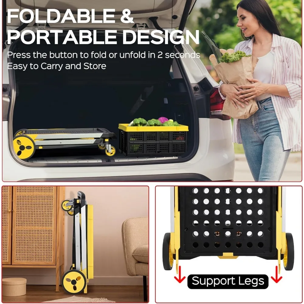 عربة تسوق قابلة للطي بعجلات، عربة بقالة بسعة تحميل 200 رطلاً مع صندوق تخزين، شاحنة يدوية بمنصة مع مسند للقدمين #4