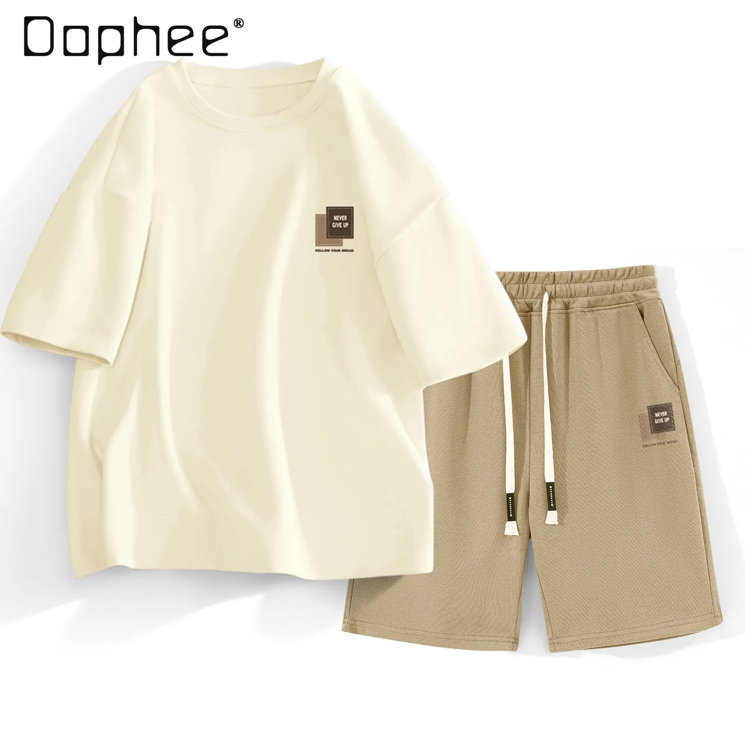 Summer Loose Casual Round Neck Off-White Black Cotton Short-Sleeved T-Shirt Men Elastic Gray White Khaki Shorts Set