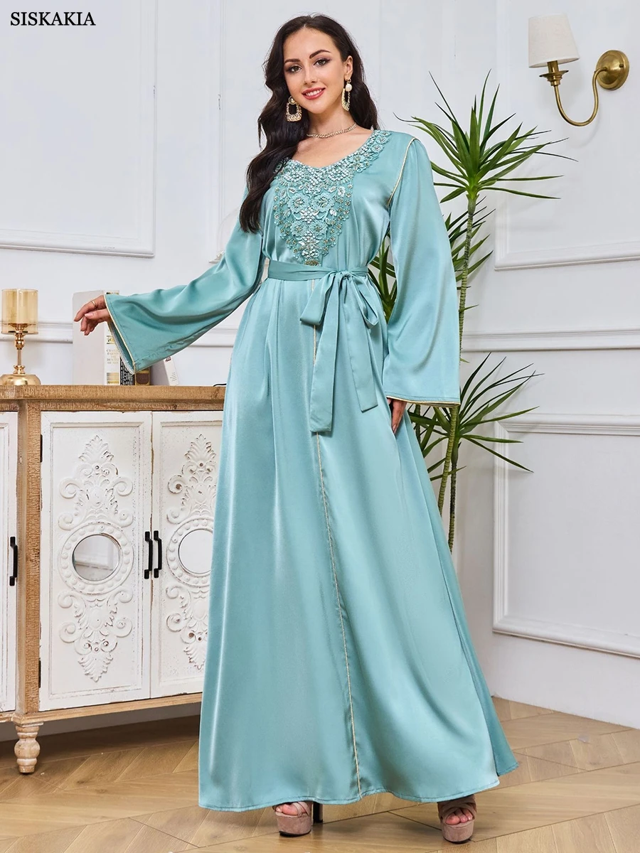 Siskakia Dubai Abaya Fashion Chic Ethnic Embroidery Diamonds Full Sleeve Crew Neck Sashes Elegant Caftan For Women Saudi Arabia