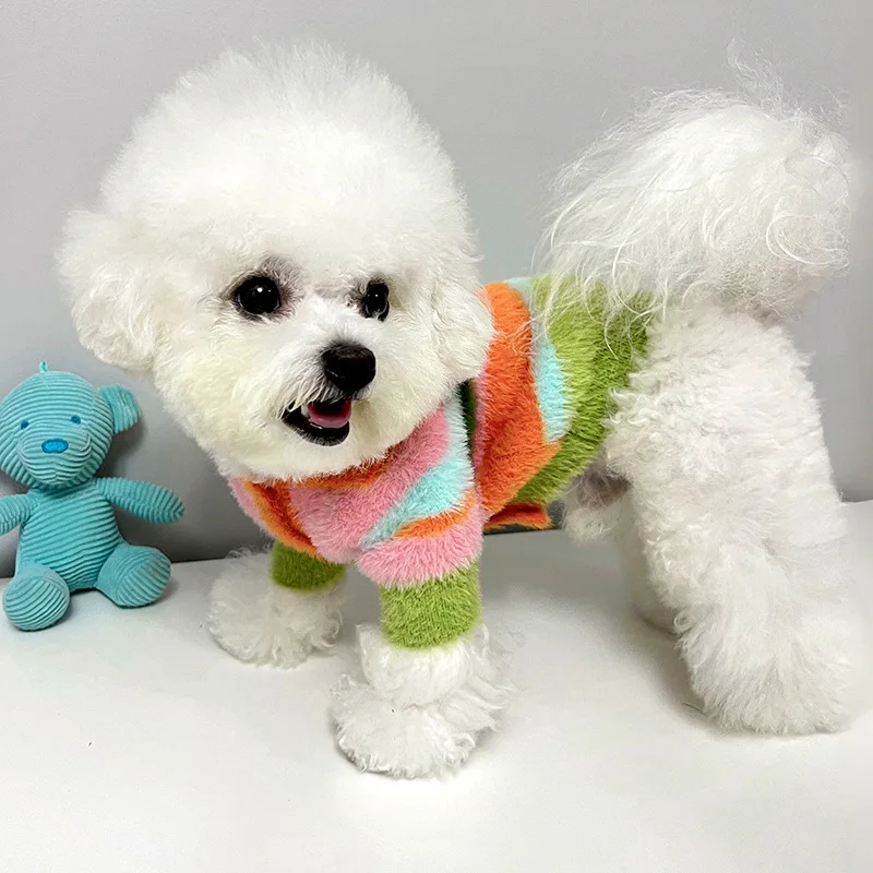 Pet Stripe Plush Sweater Cute Colorful Coat Dog Teddy Bears Schnauzer Small Dog Autumn/Winter Thickened Sweater Puppy Clothes