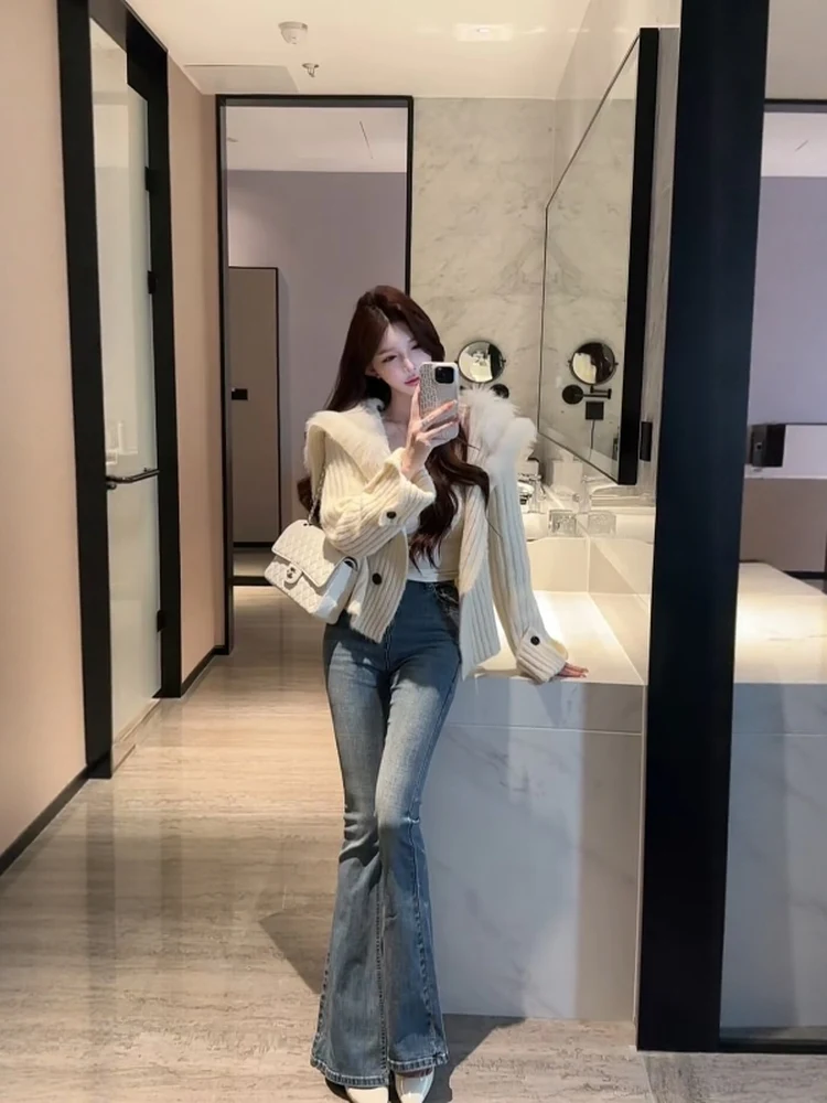 

High Waist Slim Fit Denim Jeans Women's Bootcut Jeans Vintage Waed Long Pants Girls' Cotton Stretch Denim Blue Color