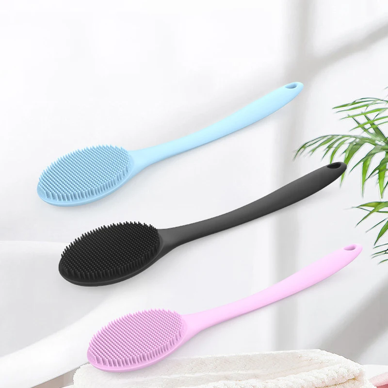 Purificador traseiro de silicone com cabo longo, escova de chuveiro leve e fácil de segurar para limpeza da pele, esfoliante