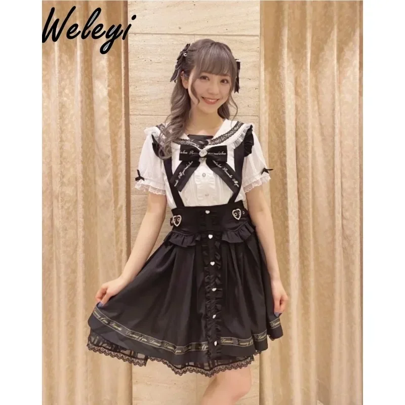 

Japanese Girl Lolita Cute Strap Skirt Student Spring and Autumn New Sweet Ribbon Bow Ruffled Lace Letter Short Skirts for Women