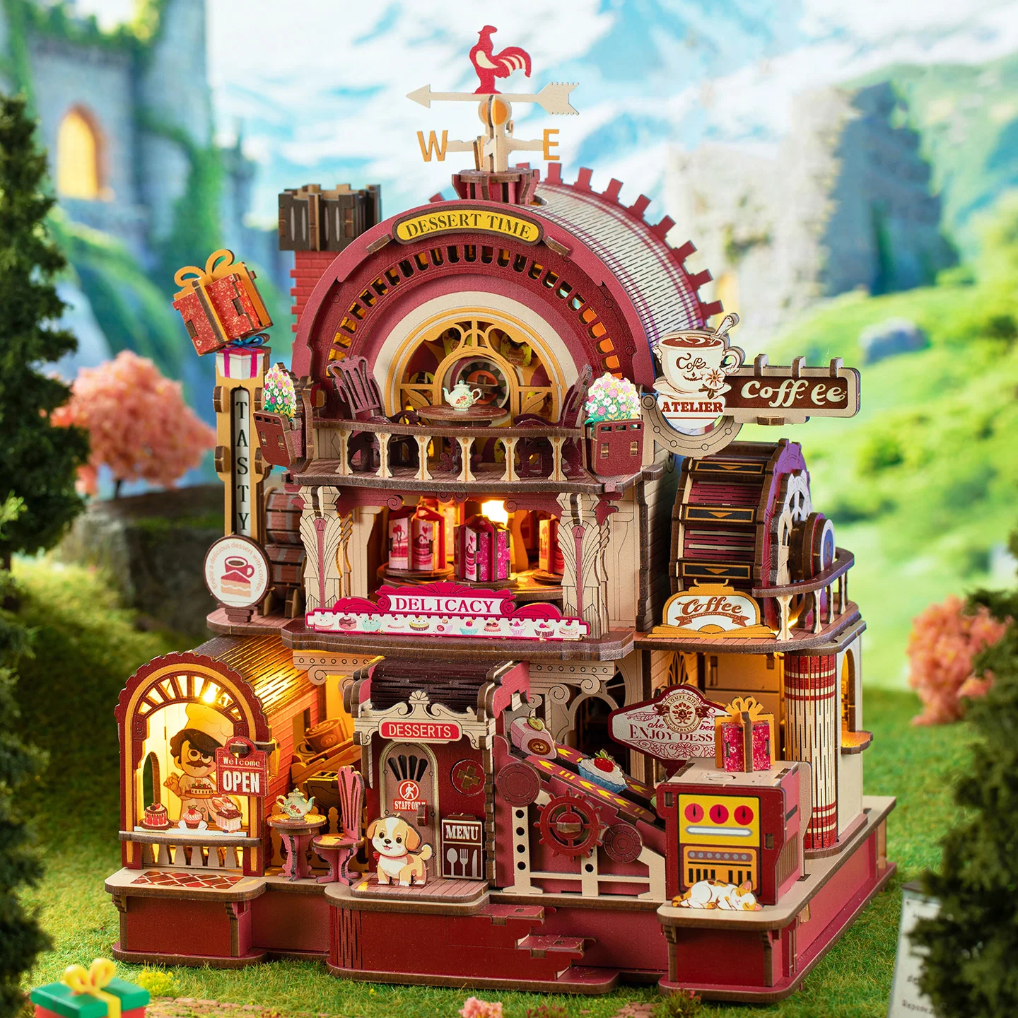 DIY Wooden Mechanical Rotation Dessert Atelier Miniature Building Kits Doll Houses Furniture Casa for Friends Birthday Gifts