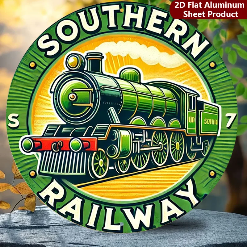 2D Flat, 1pc,Southern Railway Sign - 20.32X20.32 cm,Vintage Train Metal Wall Decor,Green Locomotive Decorative Sign Suitable for