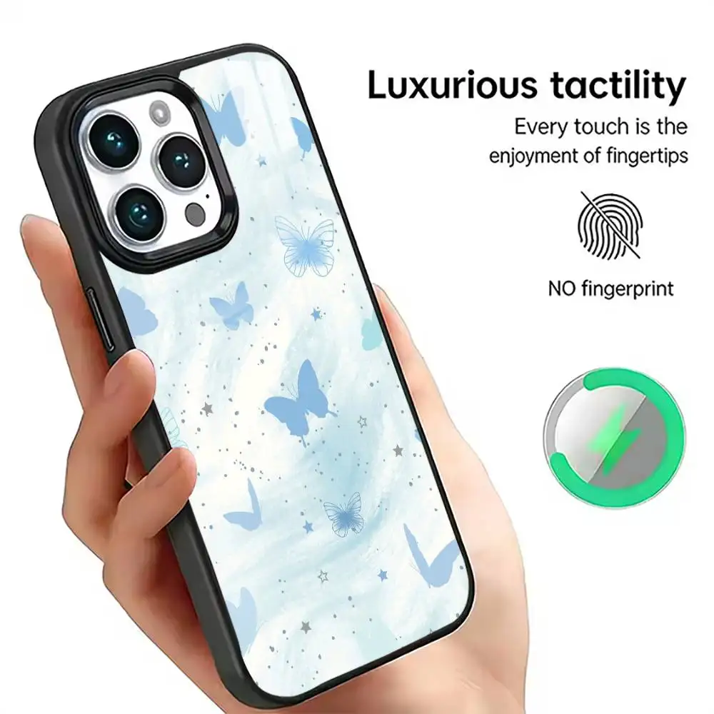 Aesthetic Blue Butterfly Phone Case For iPhone17,16,15,14,13,12,11 Plus,Pro Magnetic For Magsafe Wireless Charging