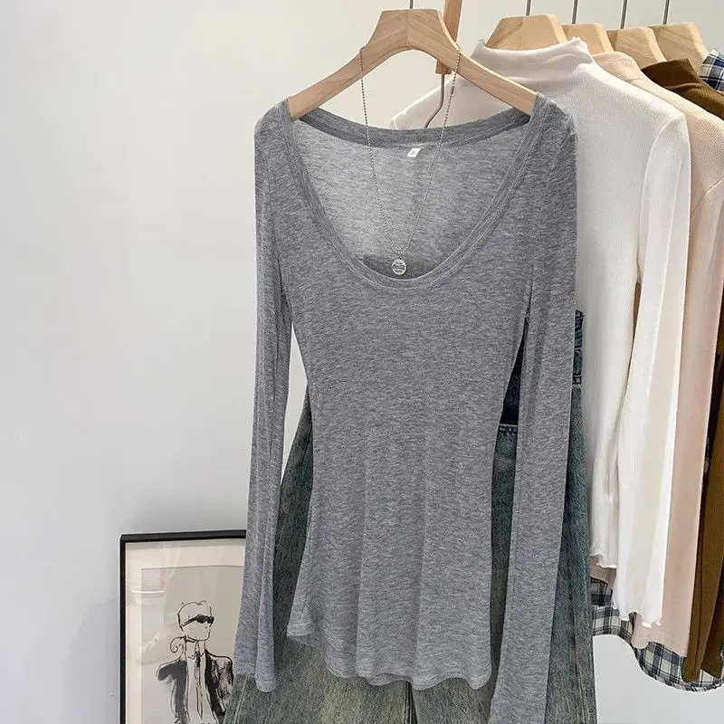 Image of Sommer Damen T-Shirt Tiefer U-Ausschnitt Basic Hochelastisch Durchsichtig Figurbetont Langarm T-Shirts Atmungsaktive Streetwear Damen-Oberteil