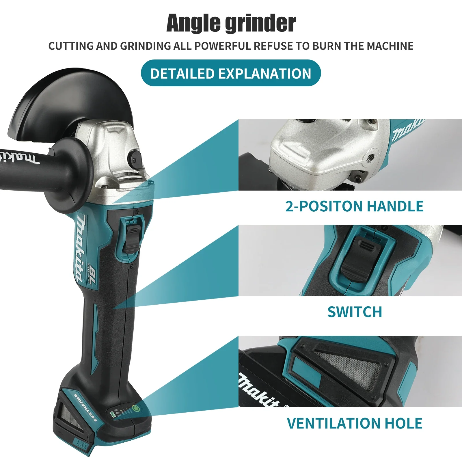 Makita DGA406 18V Cordless Angle Grinder 8500RPM Brushless Motor 125mm Disc High Power Metal Cutting Grinding Polishing tools
