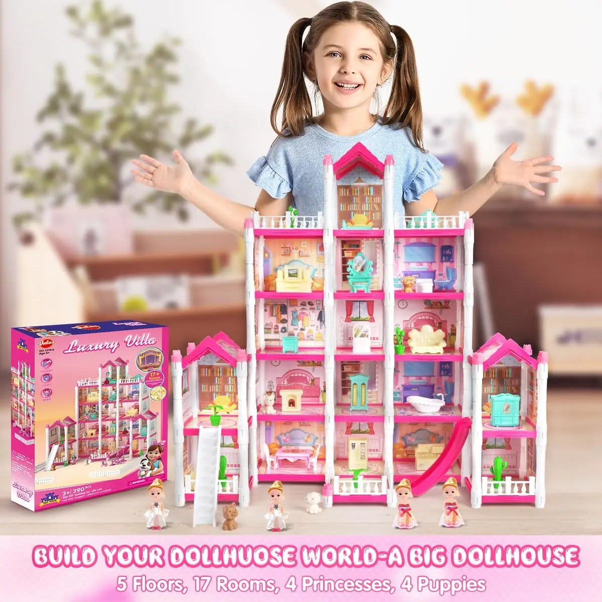 VATOS Pink Dollhouse for Girls 5 Story 17 Rooms Luxury DIY Play Light-up Building House Dolls Toy Dream Christmas Birthday Gifts