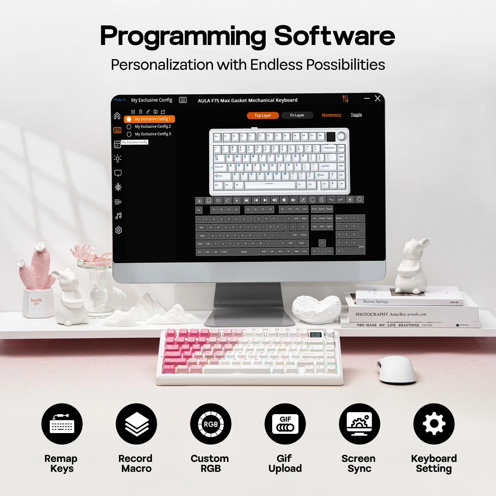EPOMAKER X AULA F75 MAX 75% ANSI US Layout Bezprzewodowa Klawiatura Mechaniczna Gamingowa z Metalowym Pokrętłem i Ekranem TFT, Obsługa Trzech Trybów — zdjęcie produktu 3