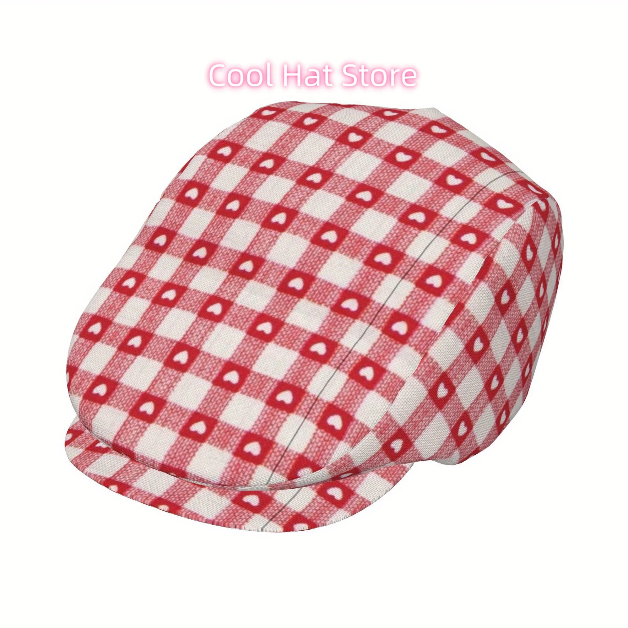 1 gorra plana a cuadros rojos y blancos con diseño de corazón, gorro de periódico ajustable, gorro tipo Ivy, gorro de taxista, ligero, de poliéster, para bodas irlandesas, para uniformes.