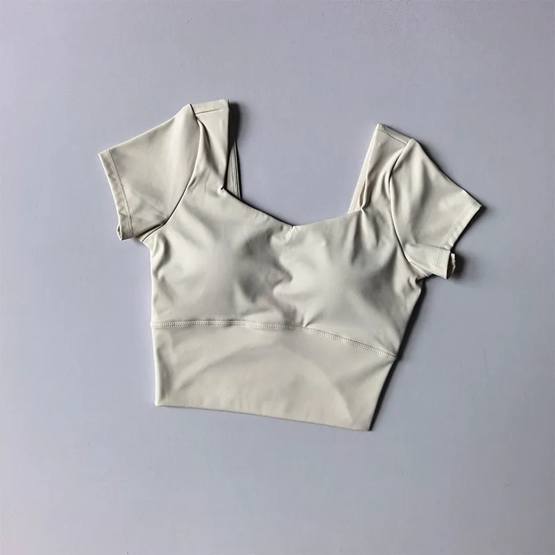 Gepolsterte Yoga-Shirts für Damen, kurzärmeliges Sport-Crop-Top, Fitness-Workout-T-Shirt, sexy, kurzes Laufshirt, Sportbekleidung für das Fitnessstudio. – Detail 4