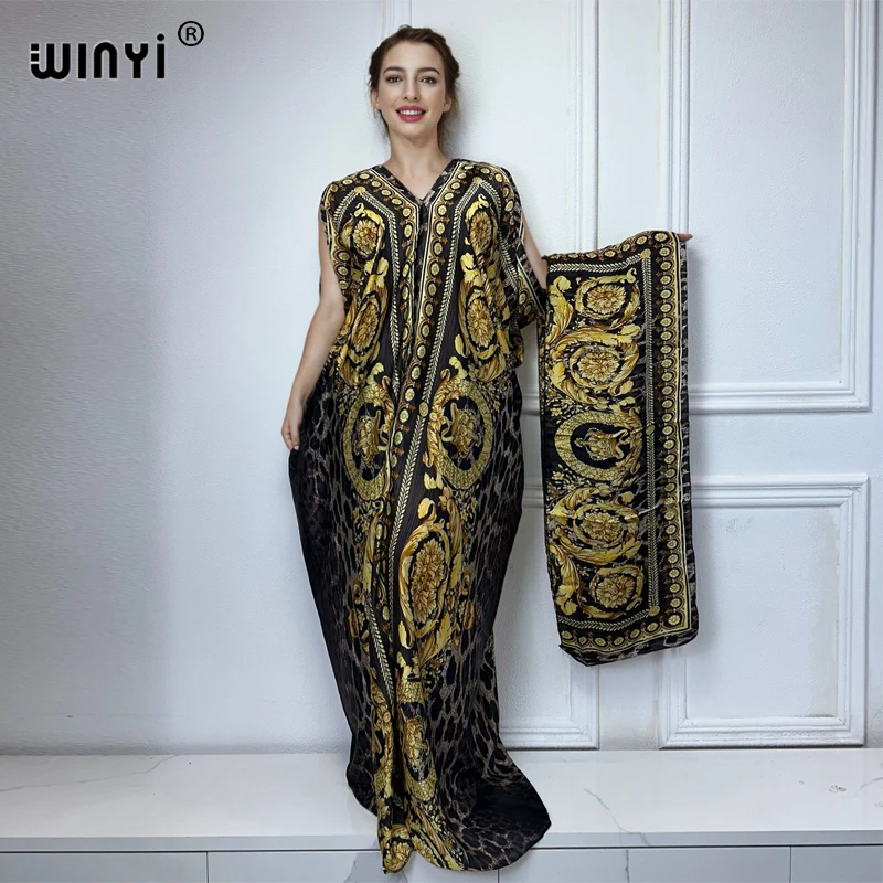 WINYI abaya dubaj luksusowy afrykański nadruk boho dekolt w serek z długim rękawem sukienka Kaftan, elegancka sukienka maxi, odzież damska