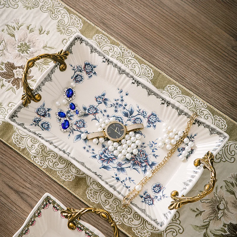 New Creative Villa Tea Table Ceramic Fruit Tray Ornament American Ceramic Double Ear Tray Storage Tray Desktop Decoration Tray