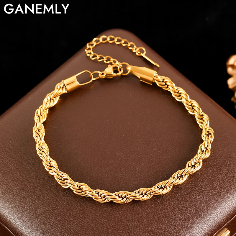 

GANEMLY 316L Stainless Steel Twisted Chain Bracelet Metal Texture 18K Gold Plated Charm Bracelet for Women Party Girls Gift