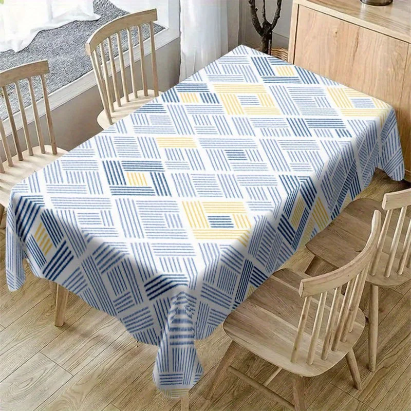 Line Geometric Tablecloth, White Background With Striped Block Pattern, Waterproof Table Cover for Daily Meals & Home Party Use