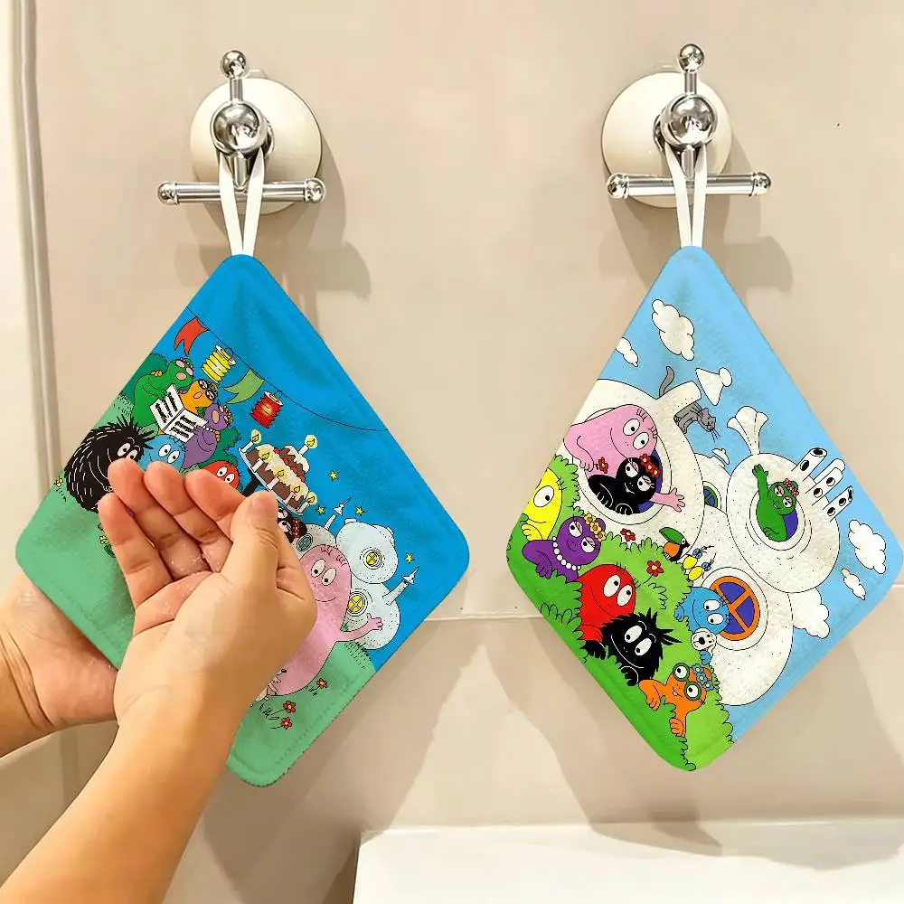 Cartoon Barbapapa Polyester Cotton Hand Wiping Towel, Hanging Design, Durable for Household Restaurant Toilet Use