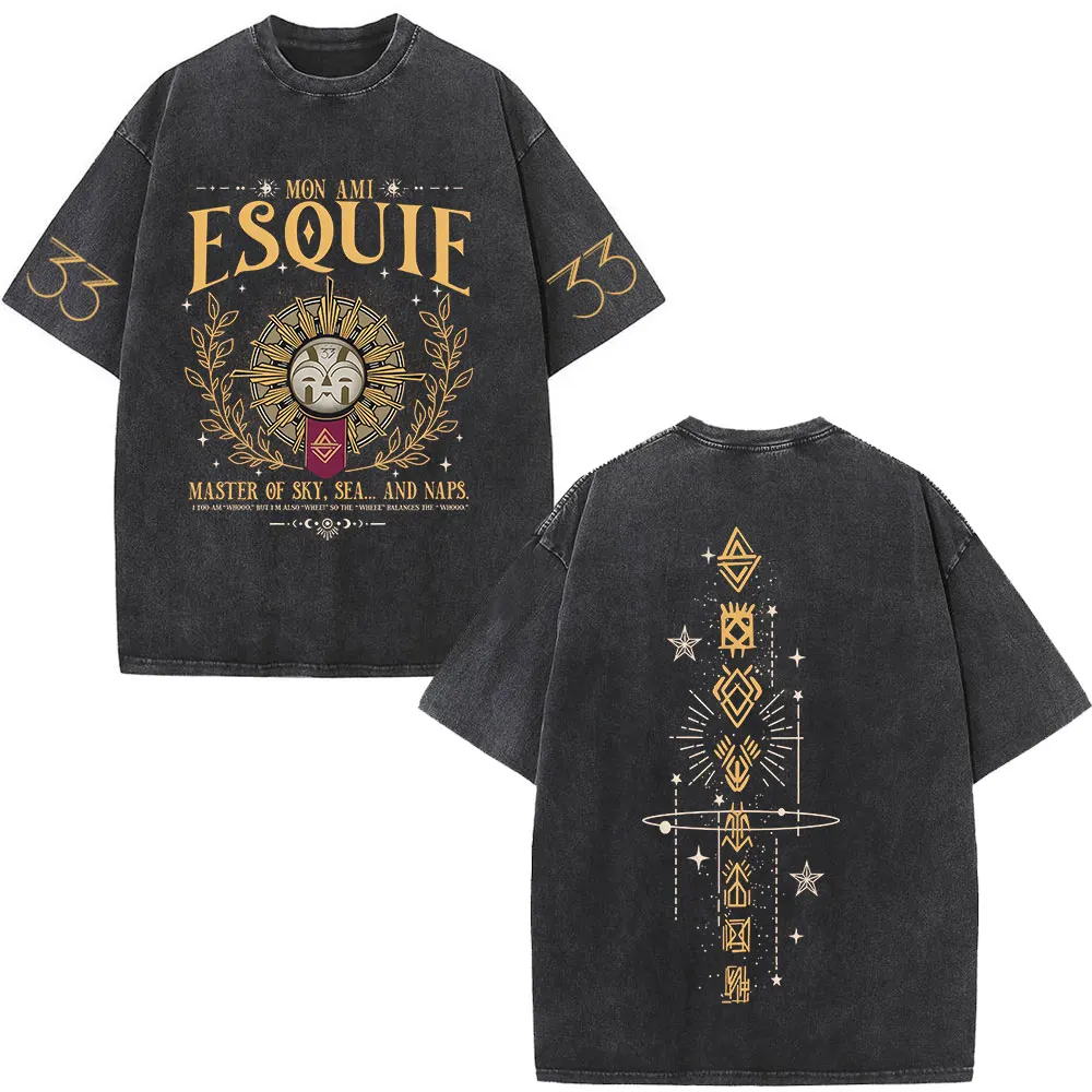 Esquie Clair Obscur Expedition 33 Vintage Washed T Shirts Men's Women Clothing Fashion Harajuku Short Sleeve T-shirt Streetwear