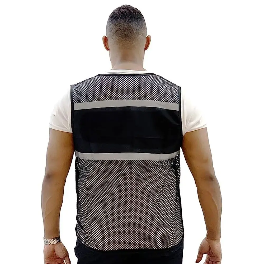 Breathable Fabric Safety Vest Black Vest With Reflective Strips Spandex With Zipper Mesh Vest