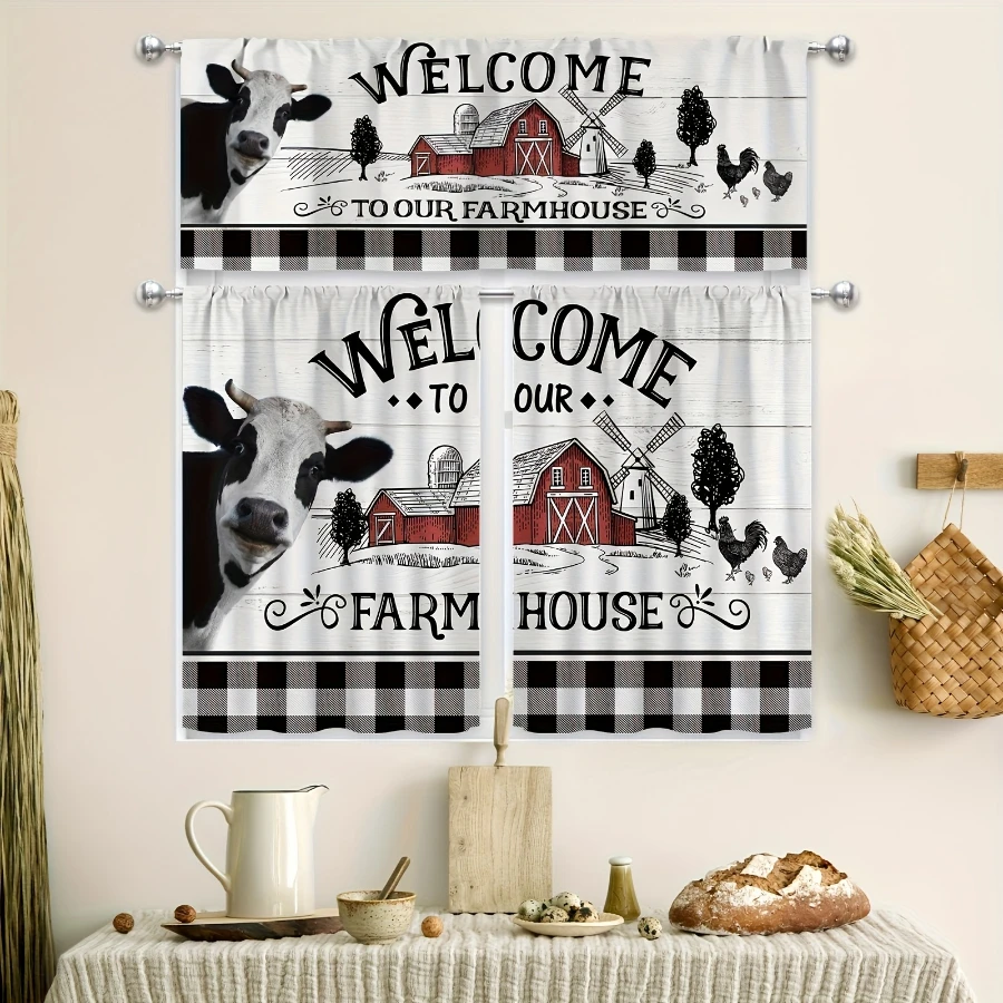 Farm Kitchen Curtains, Cow Barn Rooster Buffalo Plaid, Digital Print, Kitchen Dining Room, Rod Pocket Polyester, Home Decor