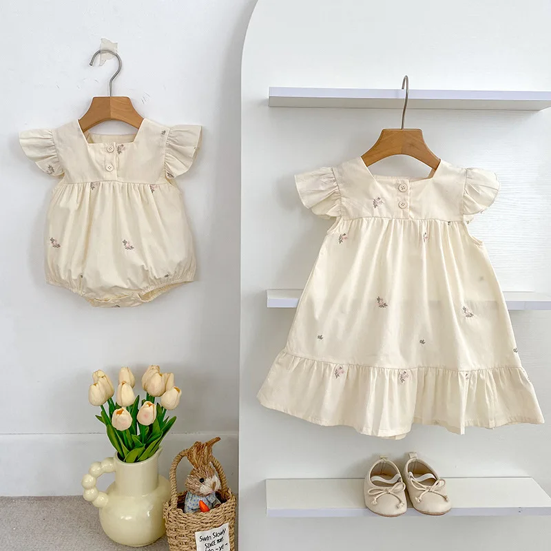 2026 Summer Sister Matching Dresses Big Sister Little Sister Girls Family Look Beach Vacation Cute Flying Sleeve Dress