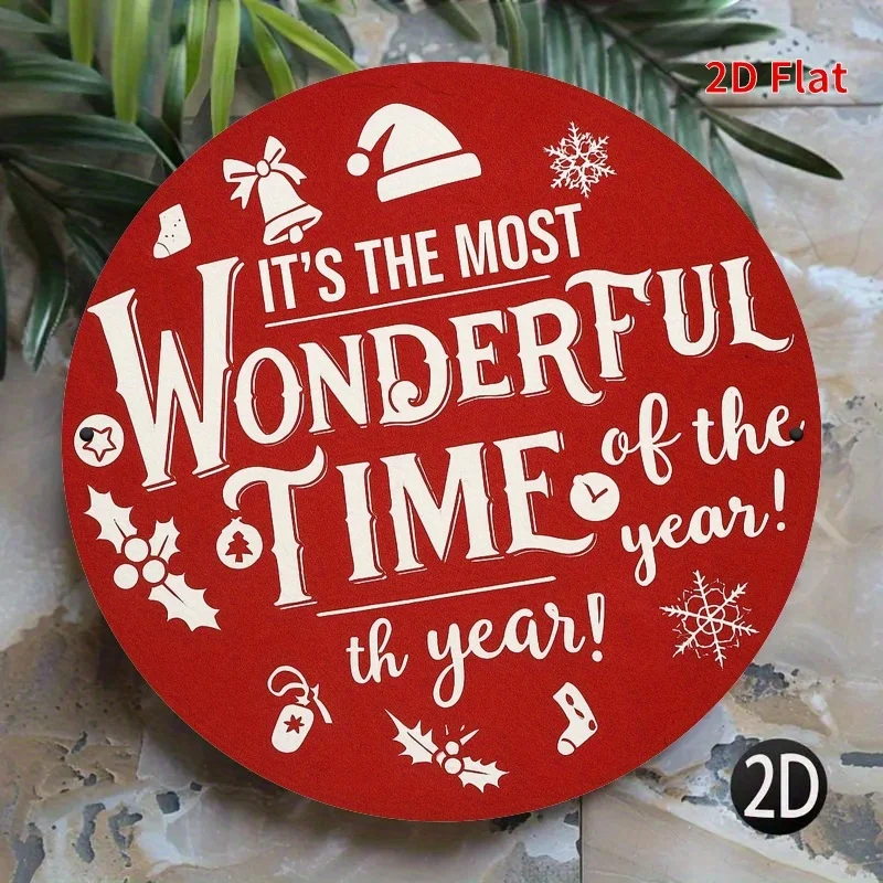 لوحة فنية جدارية معدنية مسطحة، احتفالية "إنه أروع وقتًا لهذا العام" - علامة حديدية مستديرة مقاس 19.81 سم مع رقاقات الثلج والزنجبيل #6