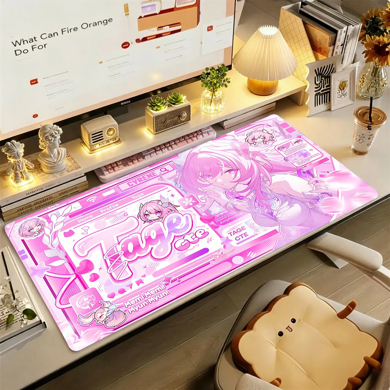 Gaming Mouse Pad,Large Extended Desk Mat,Anti-slip Rubber Base,Stitched Edges,Pink Grid Poster Long Pink Hair Cute Anime Girls